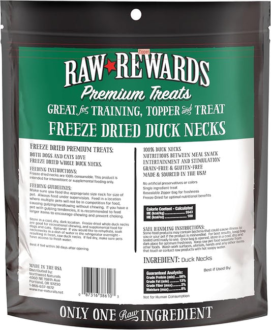 Northwest Naturals Raw Rewards Freeze-Dried Duck Neck Treats for Dogs and Cats - Whole Neck - Healthy, 1 Ingredient, Human Grade Pet Food, All Natural - 5 Oz