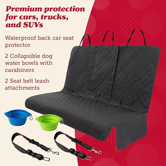 Lusso Gear Dog Car Seat Cover for Back Seat - Non-Slip Black Cover Stays Securely, Fits Your Car, Truck, & SUV, Pack with Leash/Bowl - Waterproof Dog Seat Cover for Back Seat