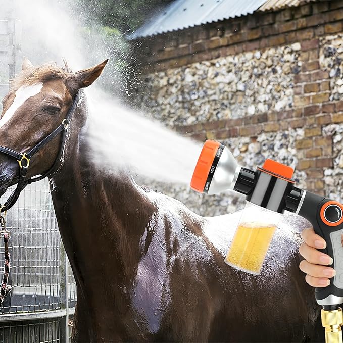 Rypet Dog Wash 8 Pieces Pet Bathing Tool Set Includes Expandable Hose Nozzle Foam Sprayer Connector Dog Rubber Brush for Bathing Dog, Horse or Other Pet