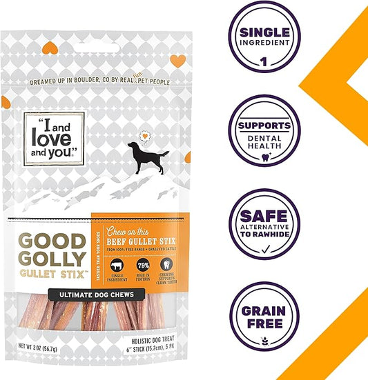 I and love and you Good Golly Gullet Stix - Beef - Rawhide Alternative, Single Ingredient, Free Range Grass Fed Beef, 6in, 48ct
