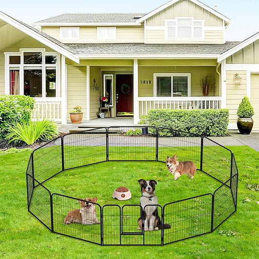 FDW Dog Playpen Dog Pen Dog Kennel 12 Panels 24 Inch Height Indoor Outdoor Folding Metal Portable Puppy Exercise Pen Heavy Duty Dog Fence for Yard Camping,Black