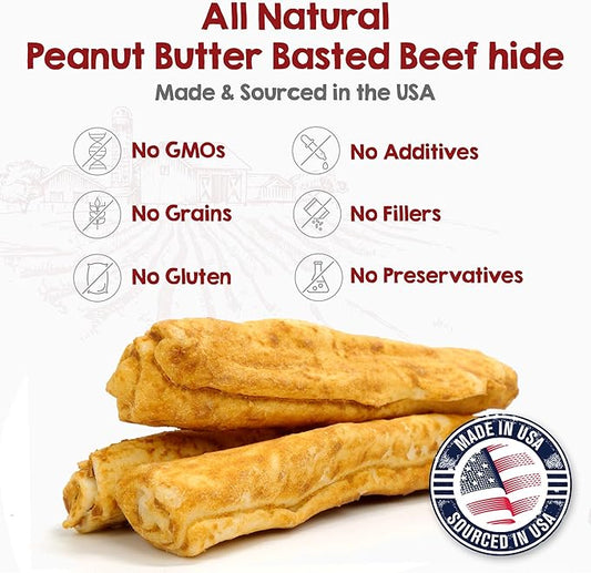 Riley's Peanut Butter Beef Hide Dog Treats, USA Sourced & Made Medium Dog Treats, Chew Sticks, Raw Hides for Small Dogs, Rawhide Sticks for Dogs 12 ct