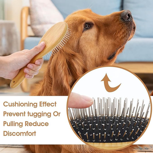 Dog Pin Brush, Airbag Grooming Wooden Comb Pet 20mm Stainless Steel Round Pin Slicker Brush with Bamboo Handle for Removing Shedding Tangles Dead Undercoat
