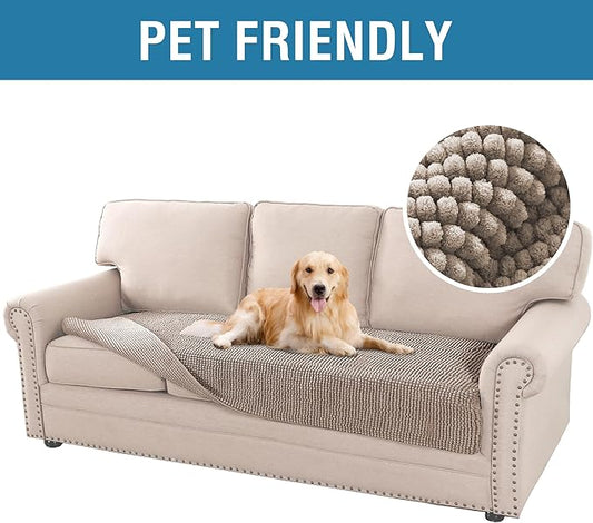 H.VERSAILTEX Plush Chenille Dog Bed Cover Thick Soft Sofa Cover for 3 Cushion Couch Anti Slip Couch Cover Furniture Protector for Dog, Pet, Cat (35" x 82", Taupe)