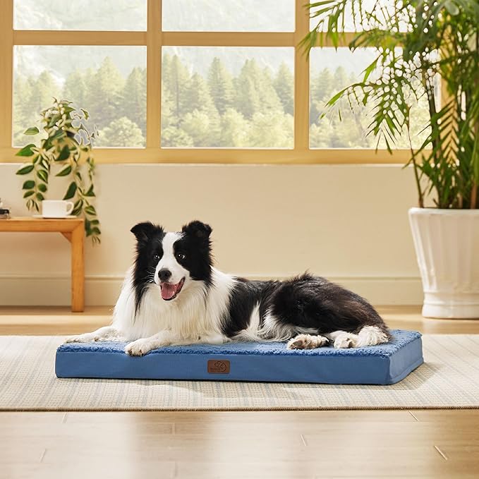 Bedsure Large Dog Bed for Large Dogs – Orthopedic Waterproof Dog Beds with Removable Washable Cover, Egg Foam Pet Bed Mat, Blue Wave
