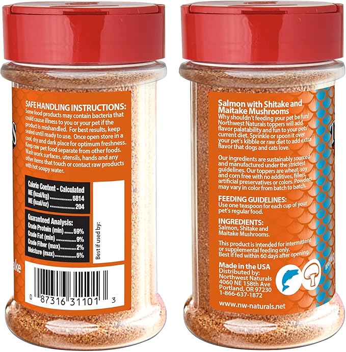 Northwest Naturals Freeze-Dried Salmon, Shiitake & Maitake Mushrooms Functional Topper - for Dogs & Cats - Healthy, Limited Ingredients, Human Grade Pet Food, All Natural - 3.5 Oz (Pack of 1)