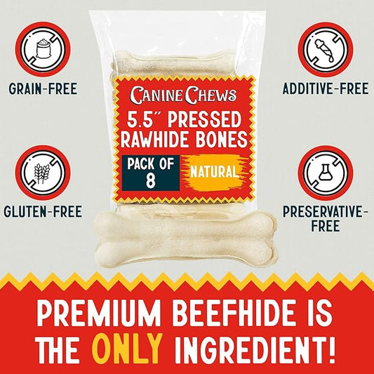 Canine Chews Pressed Rawhide Bones for Large Dogs - 5.5" Long Lasting Dog Chews - Compressed Beefhide Large Dog Chew Bones - Chew Toy Dog Bones - Raw Hide Bones Dog for Aggressive Chewers (5.5", 8pk)