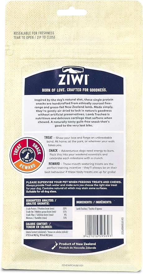ZIWI Dog Chews and Treats – Lamb Trachea - All Natural, Air-Dried, Single Protein, Grain-free, High-Value Treat, Snack, Reward 2.1 Ounce (Pack of 1)