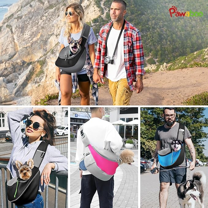 Pawaboo Pet Dog Sling Carrier, Hand Free Drawstring Dog Papoose with Adjustable Strap, Breathable Mesh Bag for Puppy Cat, Crossbody Satchel Dog Purse with Pocket for Outdoor, Dark Gray+Black, Small