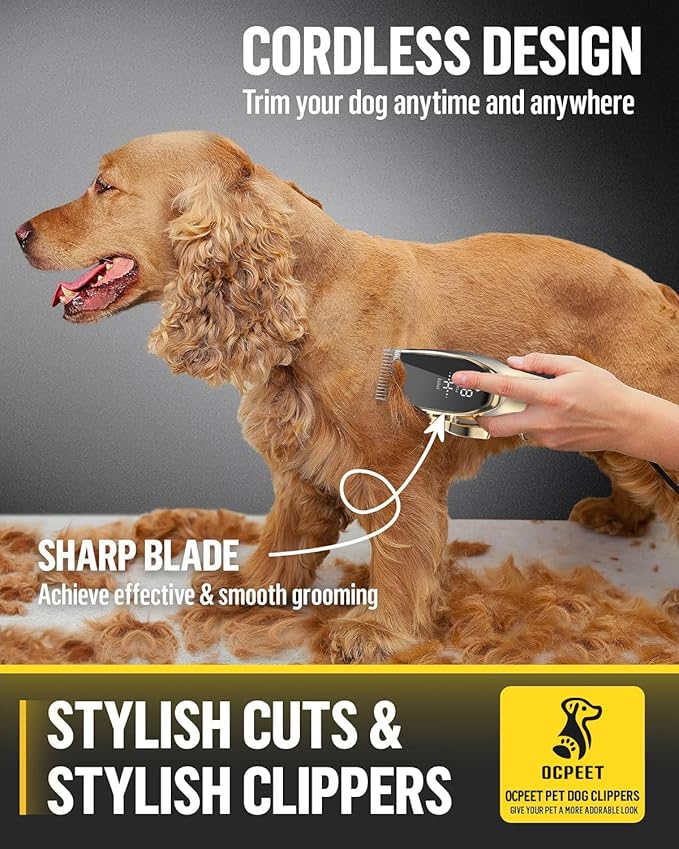 Dog Grooming Kit Low Noise,Cordless 4 in 1 Dog Clippers for Grooming Rechargeable Pet Cat Trimmer with 2 Speed,6 Guards,Scissors,Comb for Small Medium Large Pets Dogs Cats Thick Hair Cutting(Gold)
