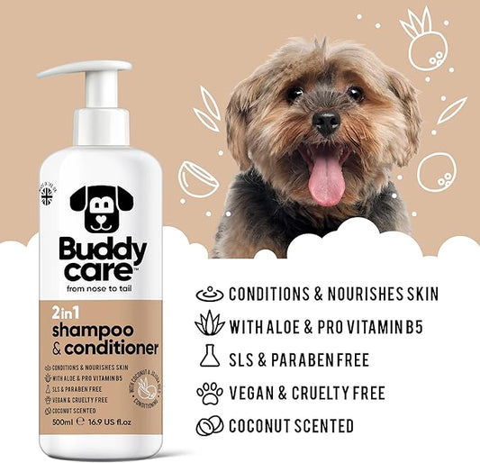2in1 Dog Shampoo & Conditioner by Buddycare | Coconut Scented | with Aloe Vera and Pro Vitamin B5 (16.90oz)