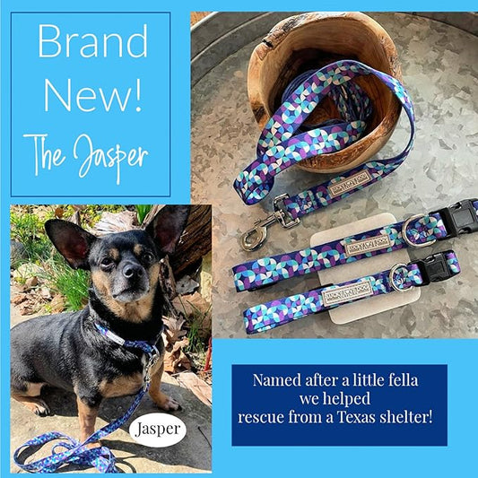Lucky Love Dog, Blue and Purple Mosaic Plaid Martingale Dog Collar and Leash Set, Premium No Slip Dog Collar and Leash Set, Martingale Collar for Male Female Dogs - (Medium, Jasper Mart - Combo)