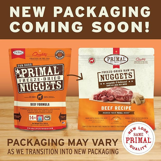 Primal Freeze Dried Raw Dog Food Nuggets, Beef, Complete & Balanced Meal, Also Use as Topper or Treat, Premium, Healthy, Grain Free, High Protein Raw Dog Food, 14 oz