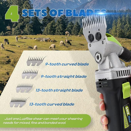 Sheep Shears Professional 850W 2400RPM Heavy Duty with 4 Blades (13-Teeth Straight/13-Teeth Curved/9-Teeth Straight/9-Teeth Curved) 6 Speed Adjustable for Thick Coat Animal (Size: 13.8*3.6")