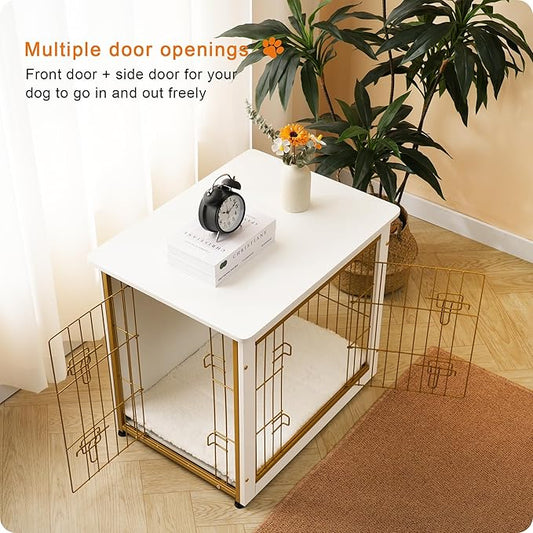 DWANTON Dog Crate Furniture with Cushion, Wooden Dog Crate with Double Doors, Dog Furniture, Dog Kennel Indoor for Small/Medium/Large Dog,End Table, Small, 27.2" L, White
