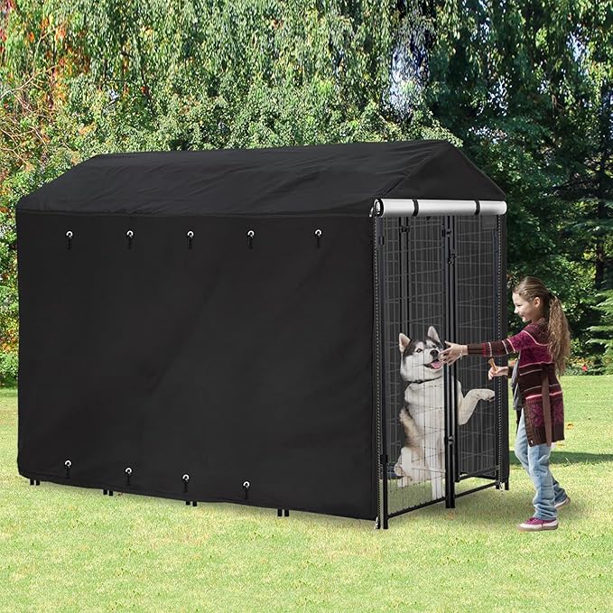 Outdoor Dog Kennel Cover Full Coverage Windproof Anti-UV 8'Dx4'Wx6'H.Waterproof Dog Kennel Cover for Multiple Brands of Dog Kennels,Cover Only,Black.(Patent Pending)