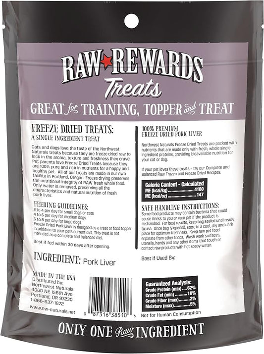 Northwest Naturals Raw Rewards Freeze-Dried Pork Liver Treats for Dogs and Cats - Bite-Sized Pieces - Healthy, 1 Ingredient, Human Grade Pet Food, All Natural - 3 Oz