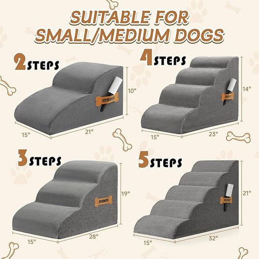 Romrol Dog Stairs Ramp for Small Dogs, Pet Stairs Steps with Durable Non-Slip Waterproof Fabric Cover, Dog Slope Stairs to Bed for Small Dogs and Cats or Pets Joints, 5-Steps, Grey