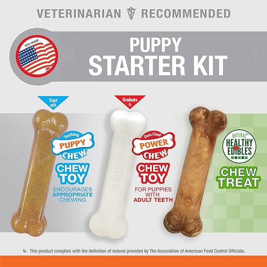 Nylabone Teething Puppy Chew Starter Kit, Two Puppy Chew Toys and Puppy Chew Treat, Puppy Supplies, Chicken & Bacon Flavor, Small/Regular (3 Count)
