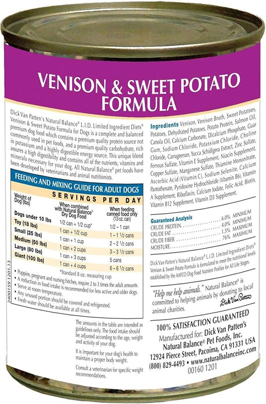 Natural Balance L.I.D. Limited Ingredient Diets Canned Wet Dog Food, Grain Free, Venison And Sweet Potato Formula, 13-Ounce (Pack Of 12)