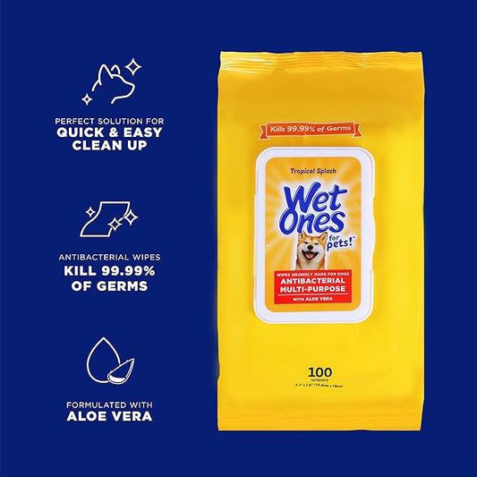 Wet Ones Multi-Purpose Pets Wipes with Aloe Vera for All Dogs - Tropical Splash Wipes for Dog Paws & All Over Use (Pack of 3, 300 Count Total)