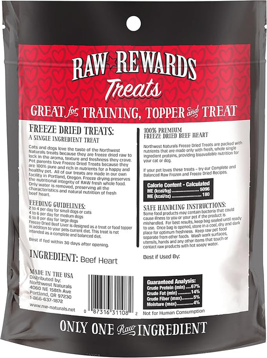 Northwest Naturals Raw Rewards Freeze-Dried Beef Heart Treats for Dogs and Cats - Bite-Sized Pieces - Healthy, 1 Ingredient, Human Grade Pet Food, All Natural - 3 Oz