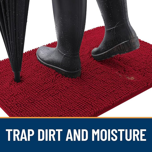 OLANLY Dog Door Mat for Muddy Paws 24x16, Absorbs Moisture and Dirt, Absorbent Non-Slip Washable Mat, Quick Dry Chenille, Mud Mat for Dogs, Entry Indoor Door Mat for Inside Floor, Red