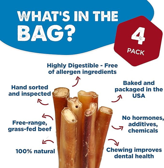 Best Bully Sticks 6 Inch Jumbo Bully Sticks for Large Dogs - 100% Natural, Grass-Fed Beef - Single Ingredient Grain and Rawhide Free Bully Stick Dog Chews | 4 Pack