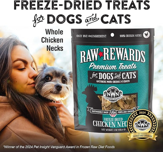 Northwest Naturals Raw Rewards Freeze-Dried Chicken Neck Treats for Dogs and Cats - Whole Neck - Healthy, 1 Ingredient, Human Grade Pet Food, All Natural - 4 Oz