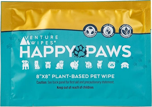 Venture Wipes Happy Paws - Natural Pet Wipes for Dogs and Cats - Biodegradable Grooming Wipes for Paws, Eyes, Ears, Glands, and More - Large Cleansing Cloths for Pet Care Essentials (20 Count)