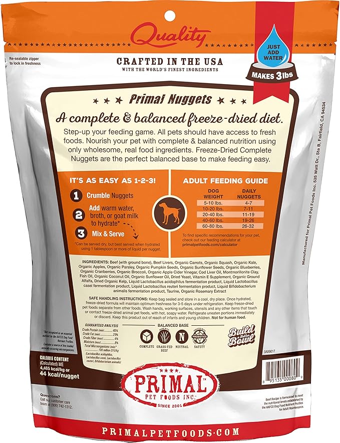 Primal Freeze Dried Raw Dog Food Nuggets, Beef, Complete & Balanced Meal, Also Use as Topper or Treat, Premium, Healthy, Grain Free, High Protein Raw Dog Food, 14 oz