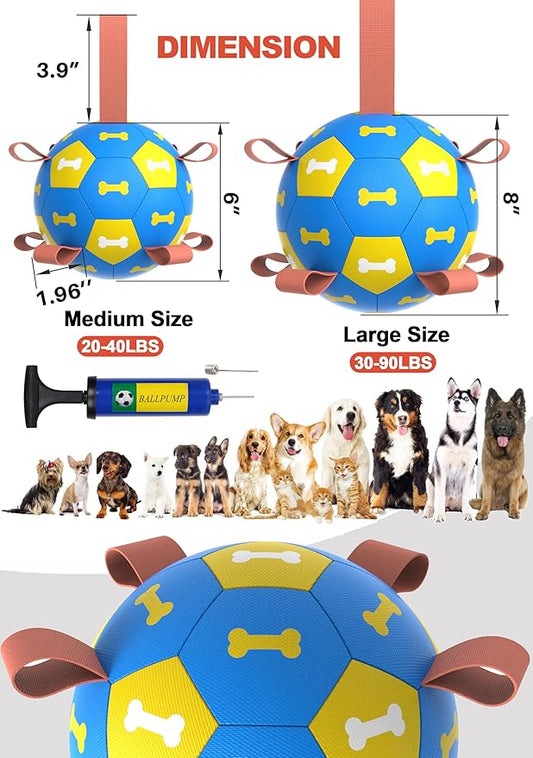 Amasiver Dog Soccer Ball Toys with Straps - 8 inch Large Herding Ball, Interactive Toys for Tug of War, Birthday Gifts,Water Toy, World Cup Sturdy Balls for Medium Large