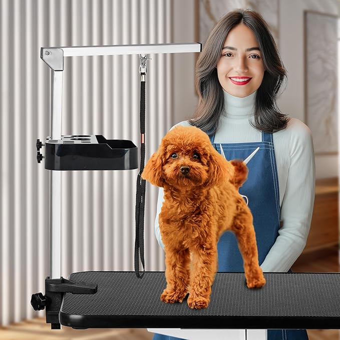 31" Dog Grooming Table, Pneumatic Lift Adjustable Small Pet Trimming Station for Home with Anti-Skid Rubber and Rotatable Desktop (Up to 50lbs)
