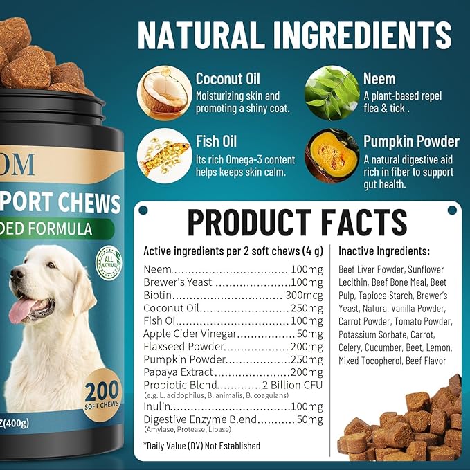 Flea and Tick Prevention for Dogs Chewable, 200 Soft Treats Natural Oral Dog Flea and Tick Treatment Chews Support Dog Skin & Digestive Supplement for Dogs Puppies All Breeds & Ages, Beef Flavor