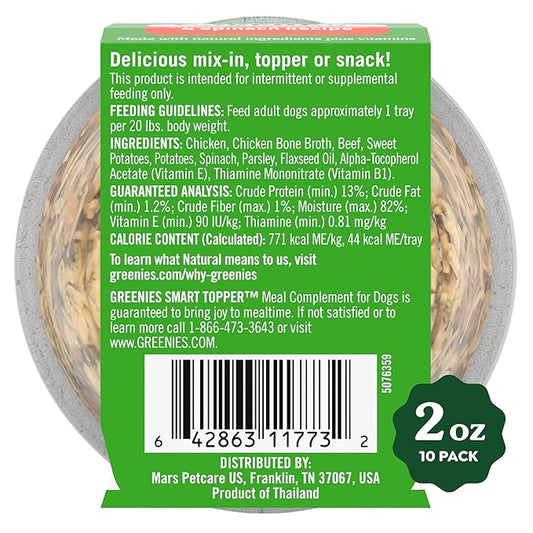 Greenies Smart Topper High Protein Wet Mix-in for Dogs, Chicken, Beef, Sweet Potatoes, Potatoes & Spinach Recipe in Vitabroth™ Broth- Bone Broth + Vitamins E & B1, Pack of 10