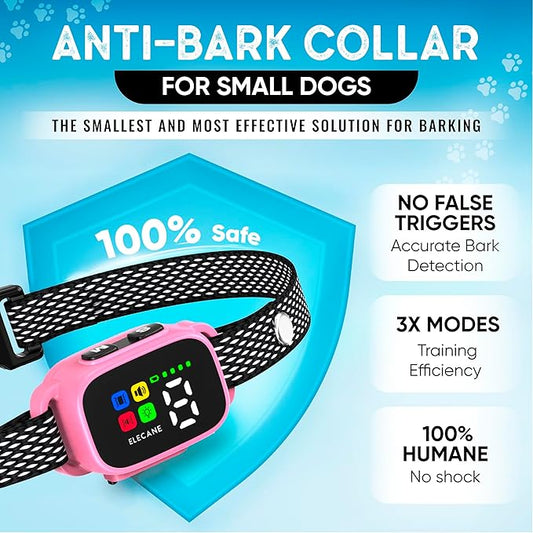 Tiny Bark Collar for Small Dogs 5-15 lbs and Puppies - No Shock Anti Barking Collar - Rechargeable Smart Collar for Dog Training with 7 Sensitivity Levels and 3 Beep&Vibration Modes (Pink)