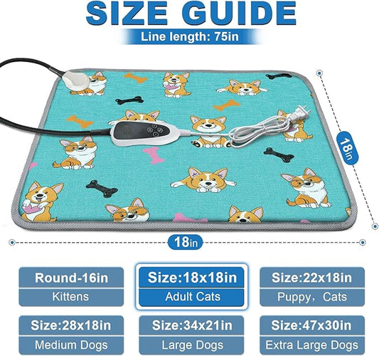 Cat Heating Pad 18x18 in Pet Heating Pad for Cats Waterproof Smart Thermostat Switch, Adjustable Heated Cat Bed, Adding Wire Rope Wires Cat Warming Pad-Blue