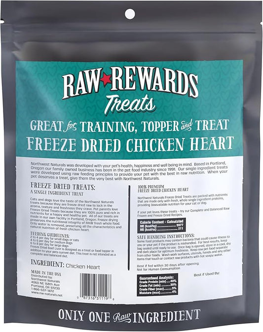 Northwest Naturals Raw Rewards Freeze-Dried Chicken Heart Treats for Dogs and Cats - Bite-Sized Pieces - Healthy, 1 Ingredient, Human Grade Pet Food, Natural - 3 Oz (Pack of 3)