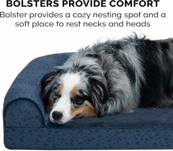 Furhaven Memory Foam Dog Bed for Large Dogs w/ Removable Bolsters & Washable Cover, For Dogs Up to 125 lbs - Plush & Almond Print L Shaped Chaise - Blue Almonds, Jumbo Plus/XXL