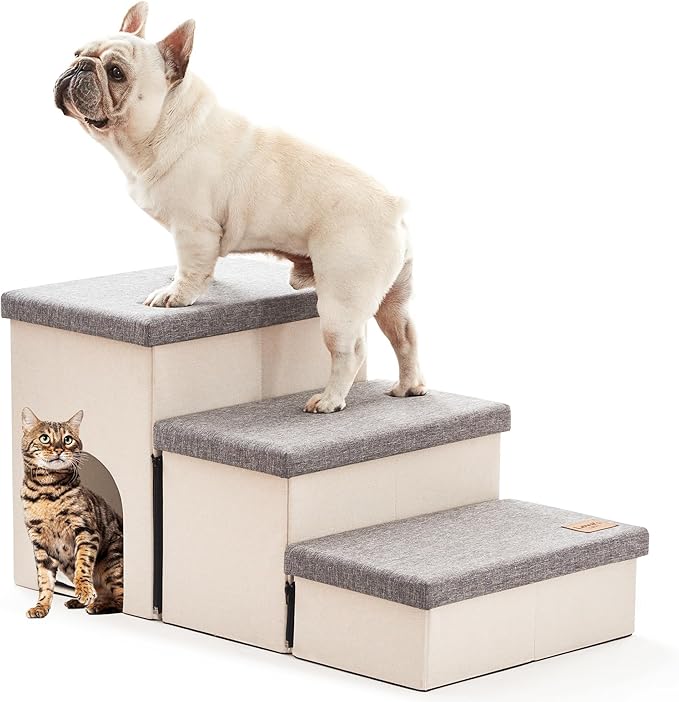 Love's cabin Dog Stairs for Small Medium or Large Dogs with Storage and Condo,Foldable Dog Steps for Bed or Couch,3-Step Gray Folding Cat Dog Ramp with Zip up to 210 lbs,Light Grey