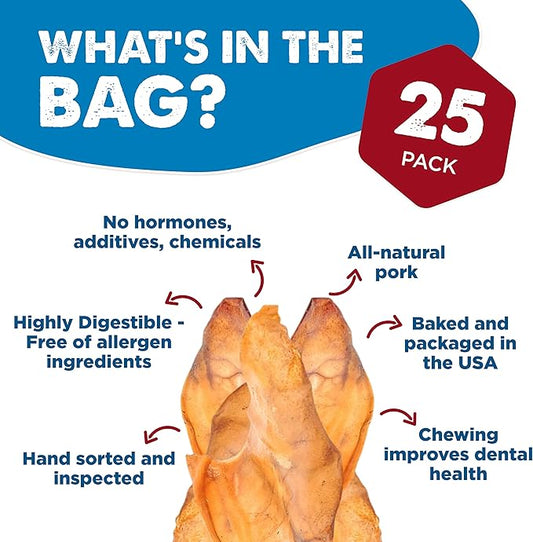 Best Bully Sticks All Natural USA Baked & Packed Pig Ears for Dogs - Single Ingredient Easily digestible 100% Pork Dog Chew Treats - Great for Puppies, Small, Medium, and Large Dogs - 25 Pack