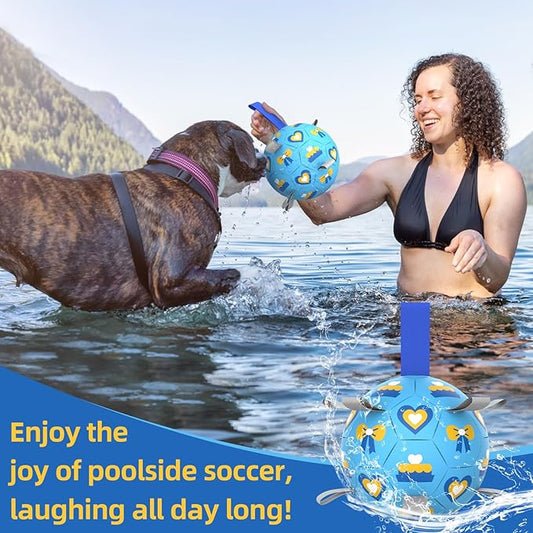 QDAN Dog Toys Soccer Ball with Straps - Durable Dog Balls for Large Dogs, Beach Pool Dog Water Toy, Dog Tug Toys for Tug of War, Puppy Dog Birthday Gifts Blue (8 Inch)