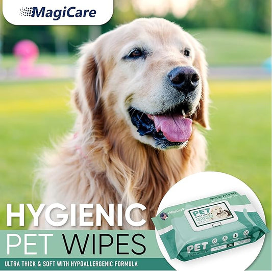 MAGICARE Dog Wipes for Paws, Butt, Ears & Eyes – 100 Extra Wet & Thick Unscented Grooming Pet Wipes for Dogs & Cats – Deodorizing, Hypoallergenic – Made in USA