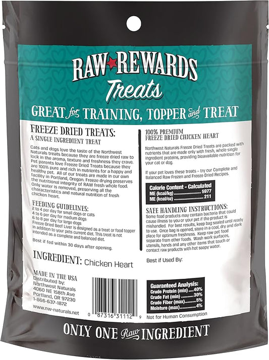 Northwest Naturals Raw Rewards Freeze-Dried Chicken Heart Treats for Dogs and Cats - Bite-Sized Pieces - Healthy, 1 Ingredient, Human Grade Pet Food, All Natural - 3 Oz