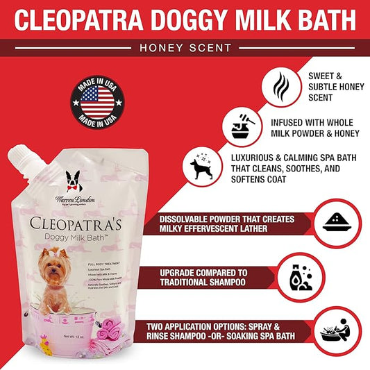 Warren London Cleopatra's Doggy Milk Bath 32oz | Luxurious Dog Shampoo and Conditioner w/Whole Milk Powder and Honey for Silky Smooth Coat | Use as a Full Bath Soak or Spray On Dog Shampoo