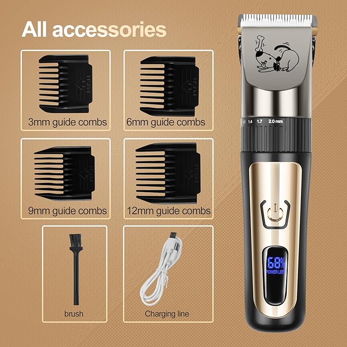 Dog Grooming Clipper Kit, Cordless Low Noise Rechargeable Electric Trimmer With Adjustable Comb & Detachable Blades, Suitable for Dogs, Cats, Pets