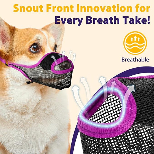 LUCKYPAW Dog Muzzle, Mesh Muzzle for Large Medium Small Dogs with Front Opening Design, Dog Mouth Cover to Prevent Biting, Licking, Chewing, Scavenging, Allows Drinking (XS-Snout:6½-7½", Purple)