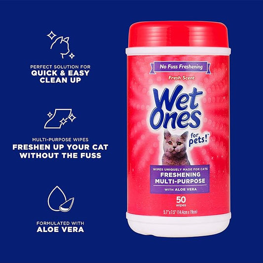 Wet Ones for Pets Cat Cleaning Wipes - Fresh Scent Cat Grooming Wipes with Aloe Vera - Safe Cat Hygiene Supplies - Cat Fur Cleaner - Cat Dander Wipes - Kitten Wipes - Pet Cleaning Supplies - 50 Count