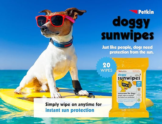Petkin Dog Sunscreen Sunwipes - Sunscreen for Dogs, SPF 15 - Simply Wipe on Anytime for Instant Sun Protection - Includes 20 Jumbo Size Wipes, Vanilla Coconut Scent - Ideal for Home or Travel