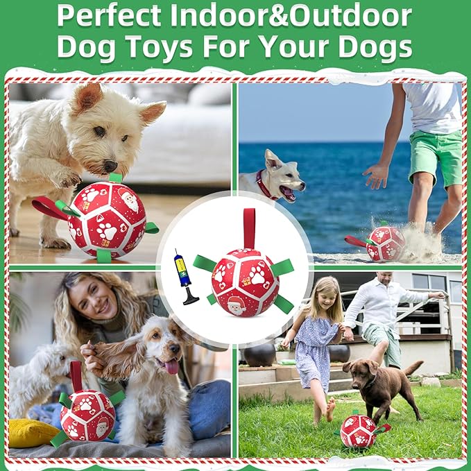 QDAN Christmas Dog Toys Soccer Ball with Straps, Outdoor Interactive Dog Toys for Tug of War, Puppy Birthday Gifts, Dog Tug Toy, Dog Water Toy, Durable Dog Balls for Small Dogs(5 Inch)